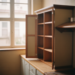 Picture of Wooden kitchen cupboard with empty shelves