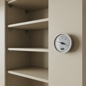 Picture od an empty kitchen cupboard and an oil gauge showing low