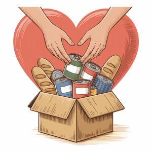 Illustration of a large heart donating food