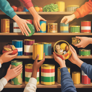 Picture of hands placing stapple food items on shelves
