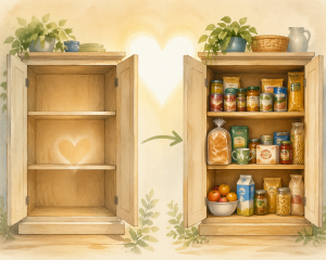 Cupboard being filled with food